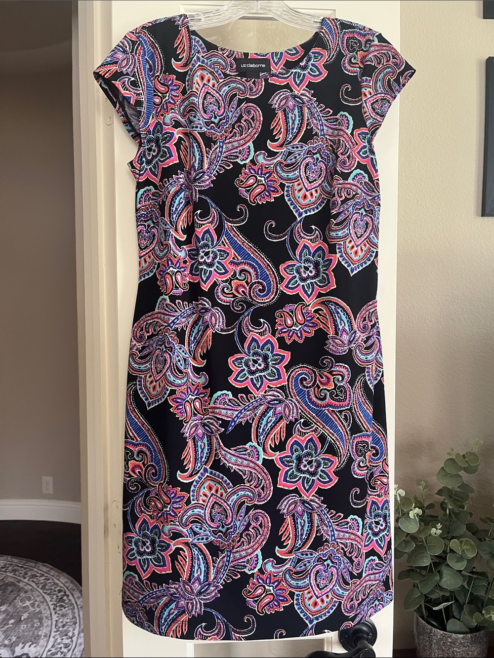 Liz Claiborne Dress, Small, Black, Multicolor, Paisley, Midi, Cap Sleeve
